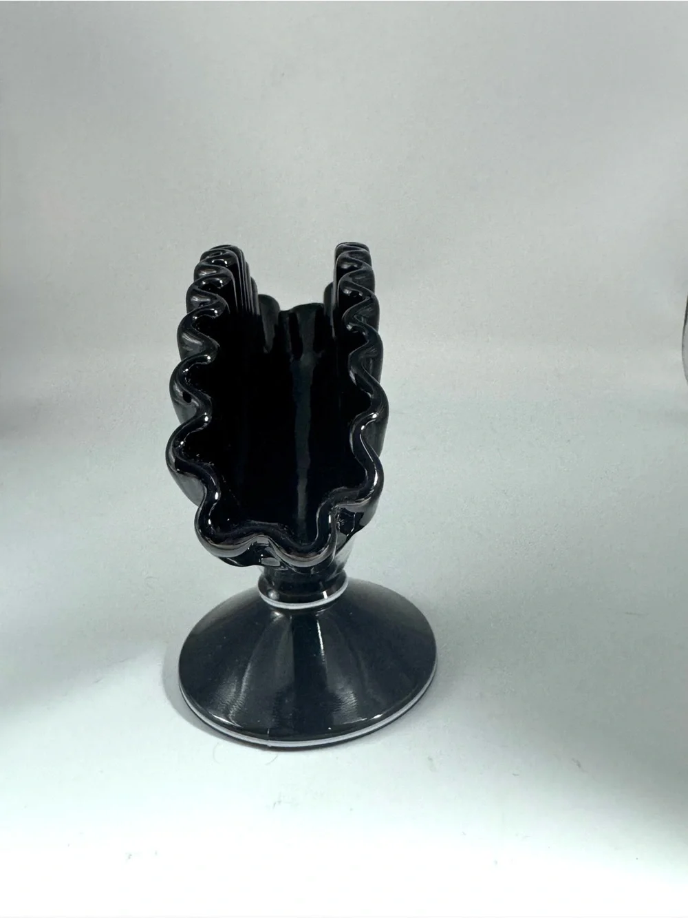 ?Fenton? Black Fan-Shaped Pedestal Vase with White Floral Design
